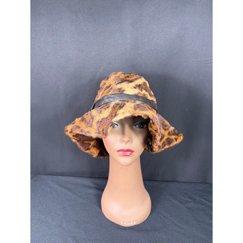 Vintage 60's Leopard Faux Fur Bucket Hat Leather Band Mr. John Classic